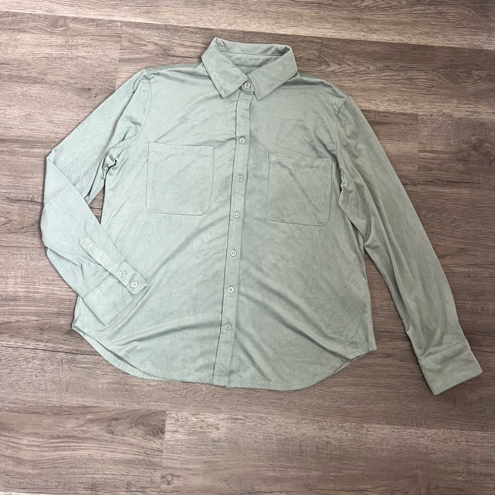 Grace the Perfect Fit Light Green‎ Casual Faux Suede Luxe Button-Down Shirt